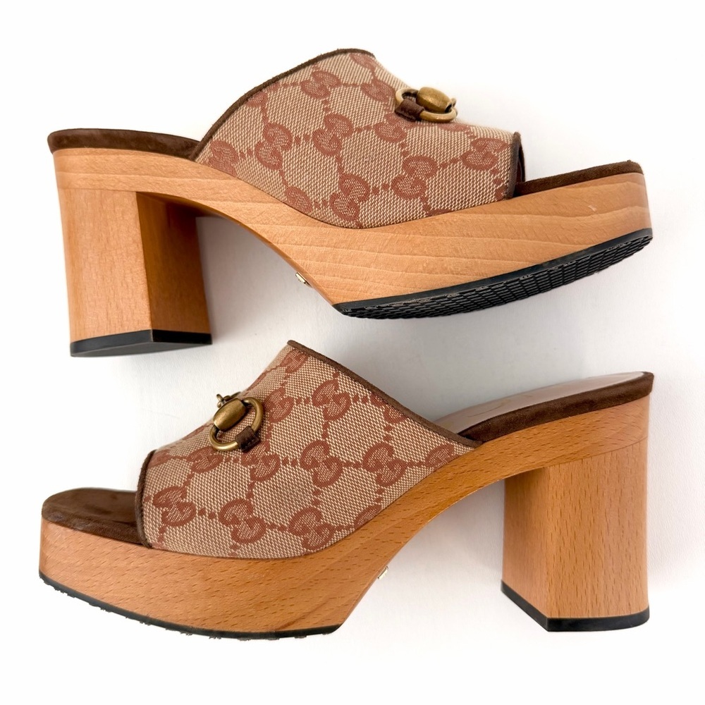 GUCCI || GG Canvas Horsebit Platform Mule Sandals EU 38 Brown Wood Heel - Picture 8 of 12